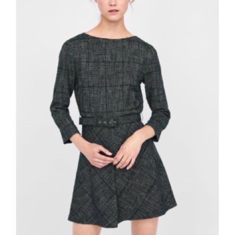 Zara Green Tweed Belted Dress - M